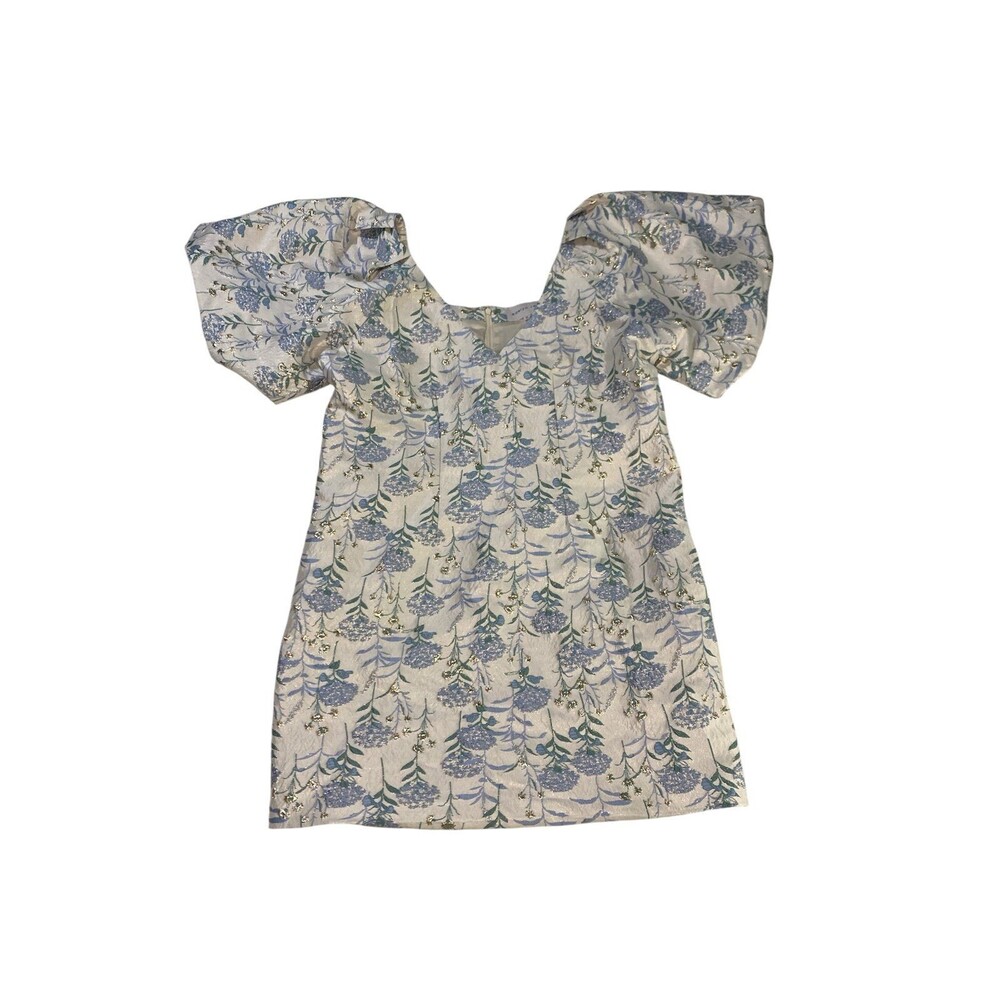 Adelyn Rae Cream/Blue Floral Dress Metallic Jacquard V Neck Puff Sleeve XL Mini